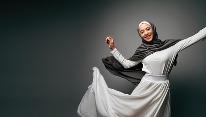 muslim hijab woman in dynamic shot happy and positive for modest trendy arab women fashion