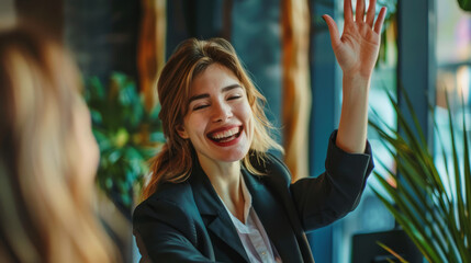 Sticker - A woman in a business suit is smiling and waving at someone