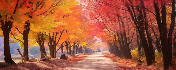 Sticker - autumn foliage in shades of orange and brown adorns a dirt road, with a mix of brown and orange trees in the foreground