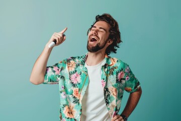 Wall Mural - Portrait of a content man in his 30s dancing and singing song in microphone in front of pastel green background