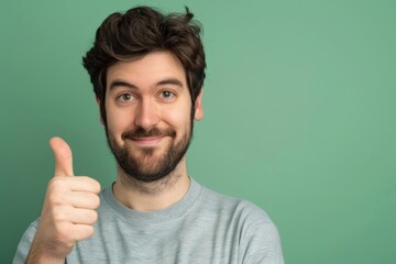 Wall Mural - Portrait of a content man in his 30s showing a thumb up over pastel green background