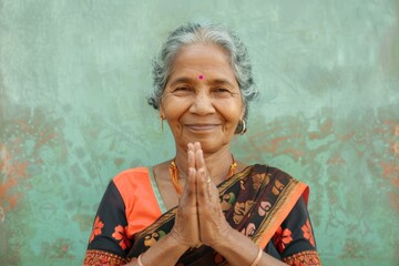 Wall Mural - Portrait of a content indian woman in her 40s joining palms in a gesture of gratitude isolated on pastel green background