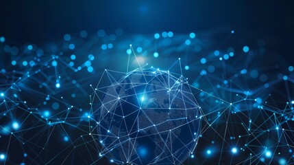 Decentralized lines connect nodes on world map continents in subtle blue