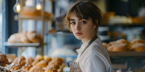 A young woman with a pixie haircut working in a bakery. Concept Baking Enthusiast, Culinary Arts, Bakery Lifestyle, Pixie Haircut, Millennial at Work