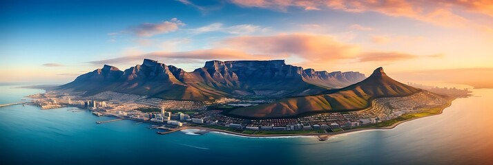 Wall Mural - cape town's table mountain towers over the blue ocean, under a clear blue sky with a single white cloud