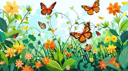 Wall Mural - Colorful Butterflies and Blooming Flowers