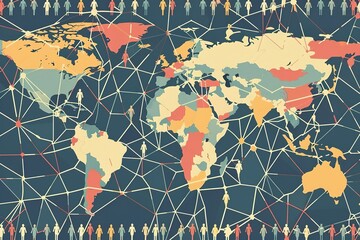 seamless pattern flat illustration style, world map Aerial view of a crowd with a network of connections, world map