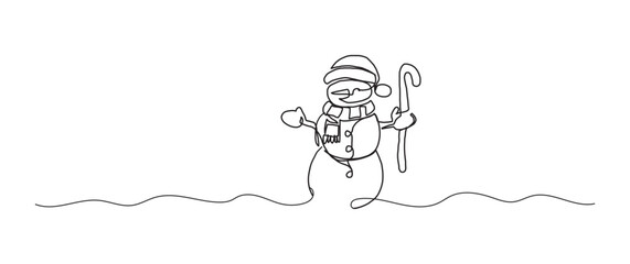 Wall Mural - Snowman continuous one line drawing, single line art element, minimalist sketch line vector illustration, christmas winter new year concept