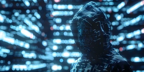 Wall Mural - Solar Winds breach by mysterious hooded hacker in cyberattack. Concept Cyber Security Breach, Solar Winds, Mysterious Hacker, Data Compromise, Cyber Attack