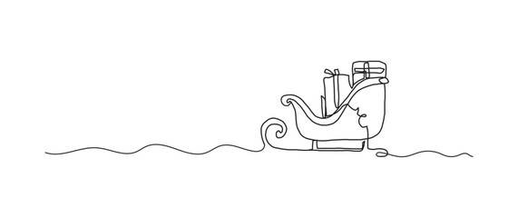 Santa sleigh continuous one line drawing, single line art element, minimalist sketch line vector illustration, christmas winter new year concept
