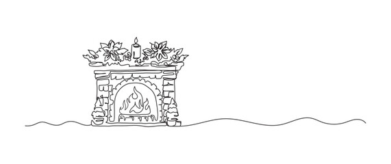 Wall Mural - Fireplace and candle continuous one line drawing, single line art element, minimalist sketch line vector illustration, christmas winter new year concept