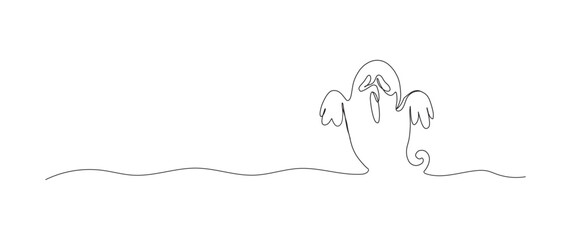 Ghost continuous one line drawing, single line art element, minimalist sketch line vector illustration, halloween spooky concept