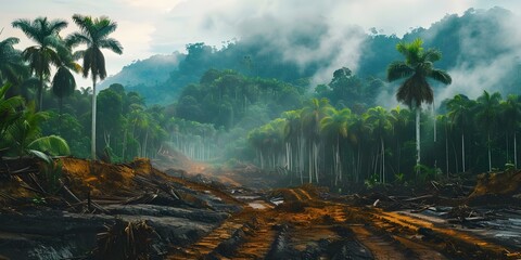 Tropical rainforest deforestation threatens ecosystem habitat fauna and greenery. Concept Deforestation, Ecosystem Loss, Habitat Destruction, Fauna Decline, Greenery Destruction