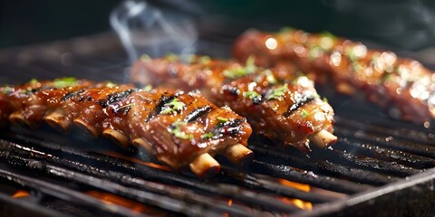 Sticker - Sizzling ribs on a smoky grill evoke flavors of street food. Concept Grilled Ribs, Street Food, Smoky Flavors, Delicious Aromas