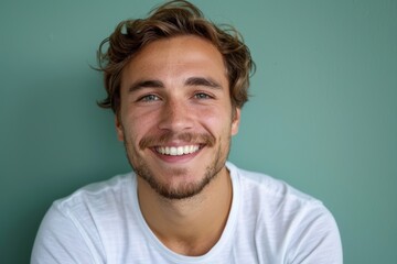 Wall Mural - Portrait of a cheerful man in his 20s smiling at the camera in front of pastel green background