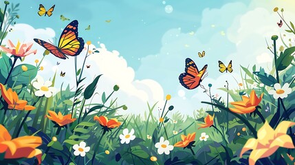 Wall Mural - Butterflies Dancing in a Field of Flowers