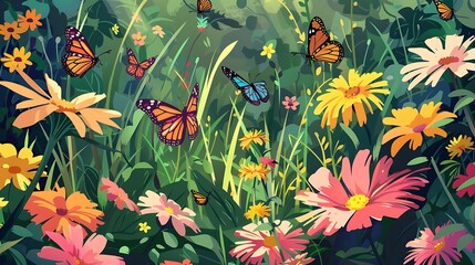 Wall Mural - Colorful Butterflies and Flowers in a Lush Garden