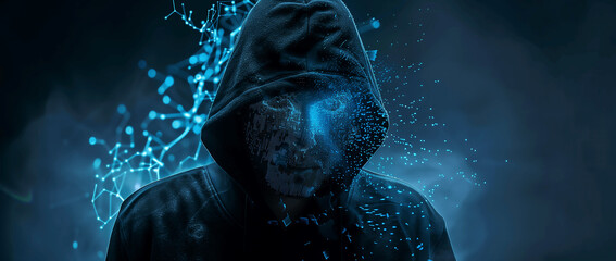 Canvas Print - Banner of a pixelated illustration of a hacker in a hood