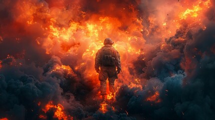 Soldier Walking Through a Fiery Sky