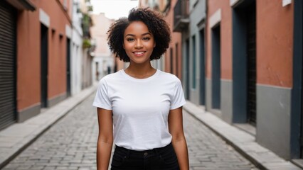 Wall Mural - Young black woman with short hair wearing white t-shirt and black jeans standing in a city alley