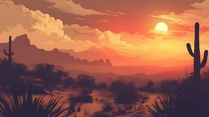 Sticker - desert sunset with cactus and mountains in the background