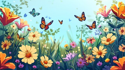 Wall Mural - A Summery Field of Flowers with Butterflies