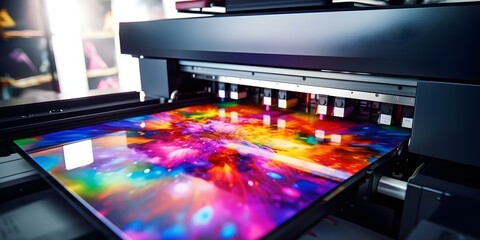 Digital inkjet printer in operation producing large prints. Concept Printing large format, Inkjet technology, High-quality prints, Digital printing, Commercial printing