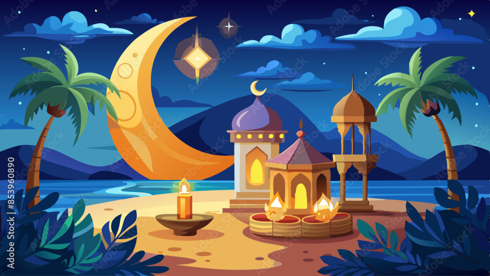 Islamic lantern near mosque with night sky with crescent moon and stars ...