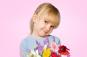 Sticker - Cute charming child holds a bouquet of flowers