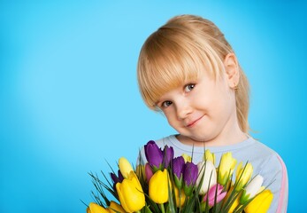 Sticker - Cute charming child holds a bouquet of flowers