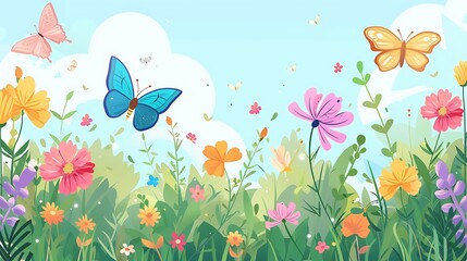 Wall Mural - Springtime Meadow with Butterflies
