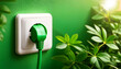 © Alberto Masnovo - Extreme close-up of a white electrical outlet and green plug with electrical wire on a green wall with green lush foliage. Green energy and sustainable energy concept. Generative Ai.