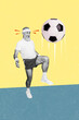 © deagreez - Vertical photo collage of old sportsman football player punch ball soccer game activity league challenge isolated on painted background