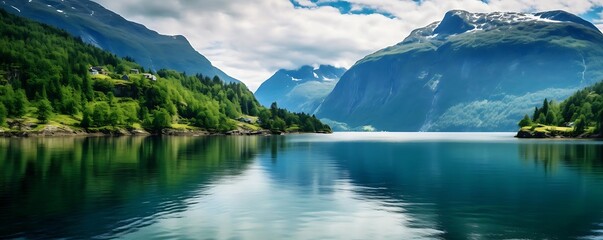 Wall Mural - exploring the fjords of norway a serene landscape featuring a lush green tree on the left, calm blue waters, and a majestic blue mountain in the distance