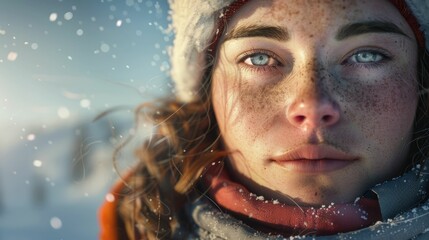 Wall Mural - The close up picture of the person looking at the camera with the white snow background in the middle of the snowy ice field, the skill require for ice field are fitness, ice safety knowledge. AIG43.