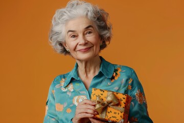 Wall Mural - Portrait of a jovial caucasian woman in her 70s holding a gift while standing against pastel orange background