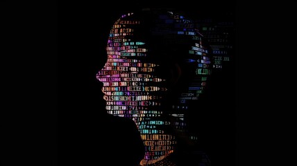 Wall Mural - profile silhouette of a person composed of computer code on a black background. digital art portrait