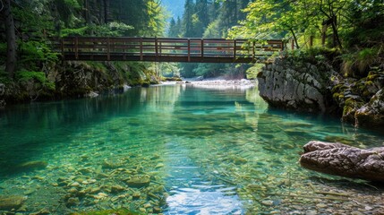 Wall Mural - Wooden Bridge Over a Crystal Clear River in a Lush Forest