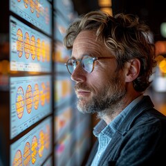 Wall Mural - A man is looking at a computer screen with many graphs and numbers