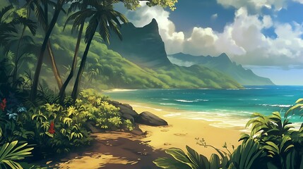 Wall Mural - hawaiian paradise a serene ocean view with a white cloud and blue sky, framed by a lush green plant