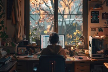 Wall Mural - Rear view of a woman working from home setup with plants and computer, in a cozy, well-lit workspace. AIG58