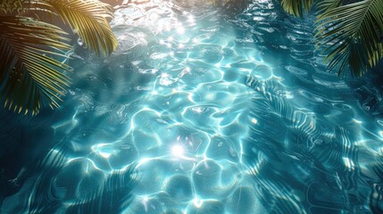 Wall Mural - 3D rendering of palm leaves shadow on the water surface in a swimming pool with a light blue background