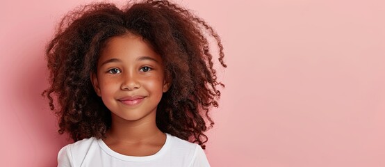 portrait of an adorable young girl with wavy hair, copy space, for a school banner