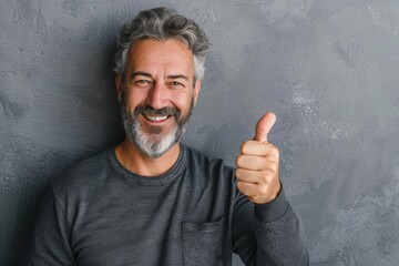 Wall Mural - Portrait of a grinning man in his 40s showing a thumb up on pastel gray background
