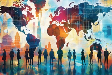 Artistic global recruitment and teamwork, worldwide employees in diverse connected international workplace