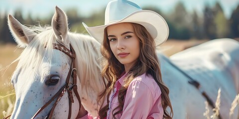 Wall Mural - Retro cowgirl in white hat and pink clothes with white horse. Concept Vintage inspired Western photoshoot with cowgirl in white hat and pink attire posing with a white horse