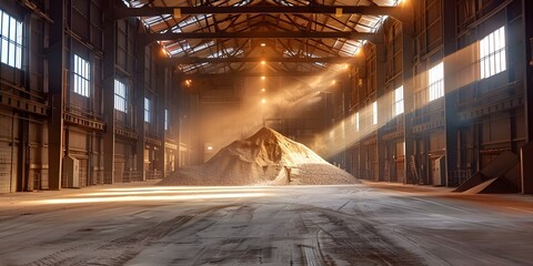 Large sand pile from potash mining in warehouse symbolizes mineral extraction. Concept Industrial Landscape, Mining Operations, Potash Production, Sand Stockpile, Warehouse Environment