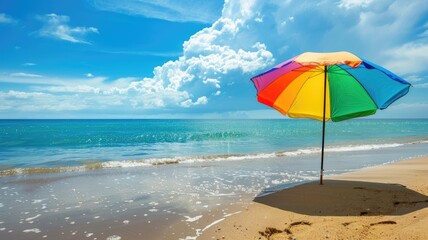 Wall Mural - Bright colorful umbrella on sandy beach, calm ocean, and cloudy sky