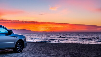 sunset on the beach, car at sunset, wallpaper summer road trip background, car parked on the beach with beautiful vibrant red sunset sky, travel vacation concept