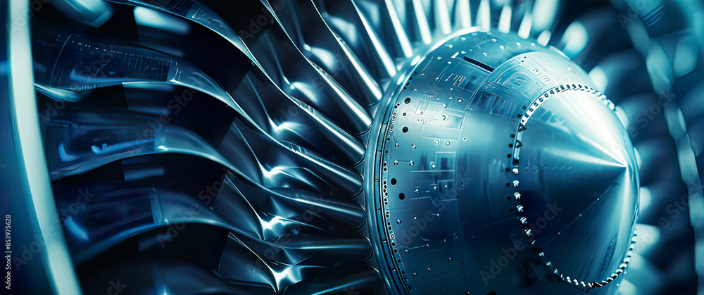 Ultra-detailed depiction of turbine blades in a turbo jet engine ...